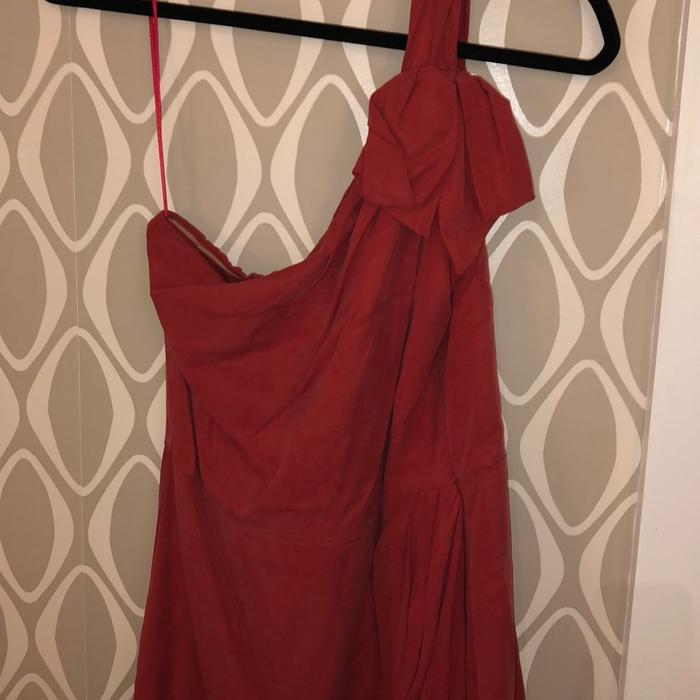 Rust one shoulder dress with bow detail